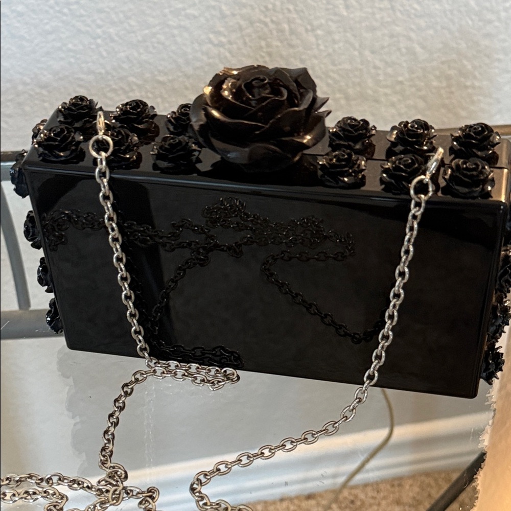 Elegant Black Rose Embellished Clutch
